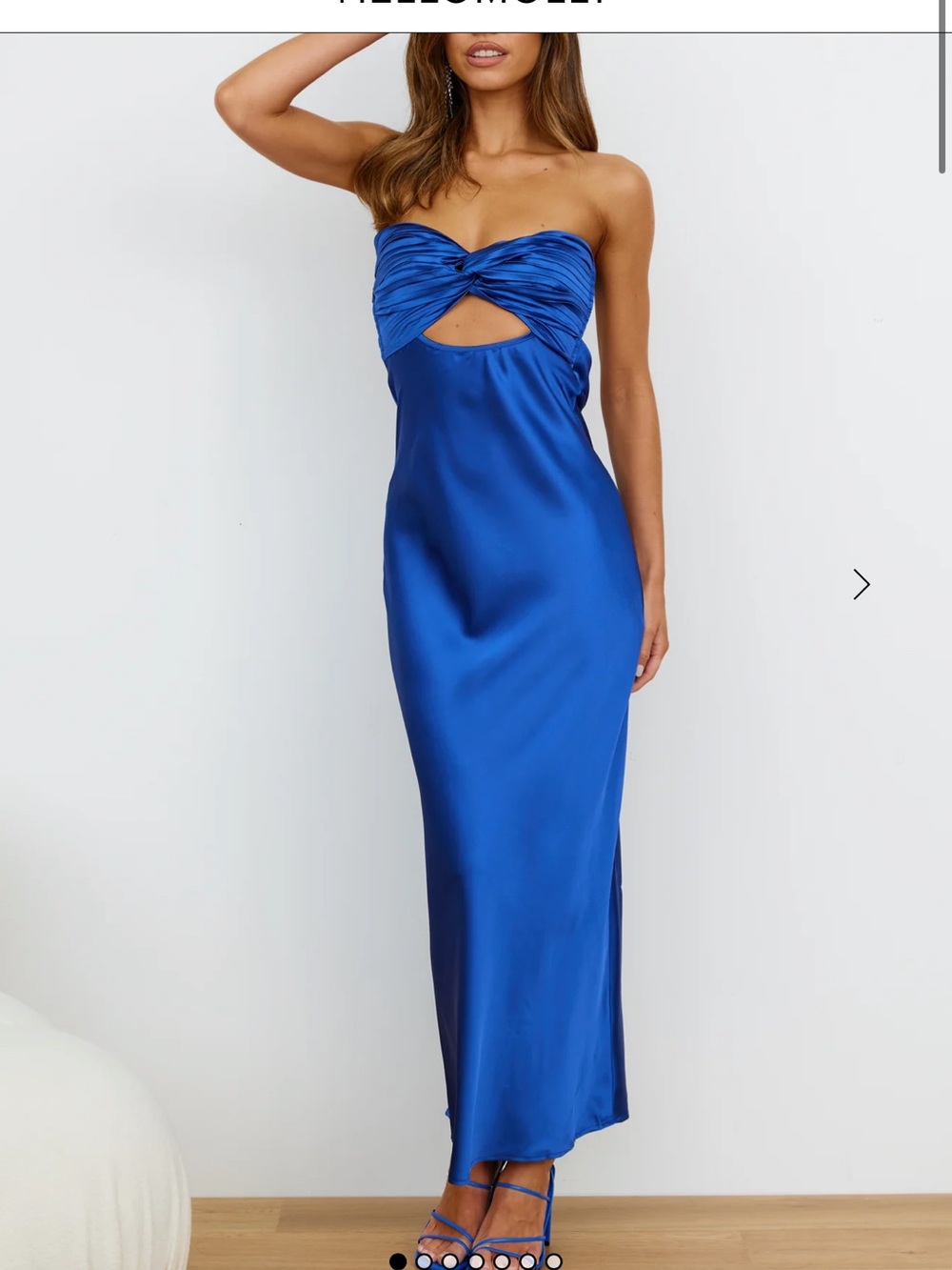 Hello Molly Satin Strapless Twist Cutout Maxi Dress in Cobalt